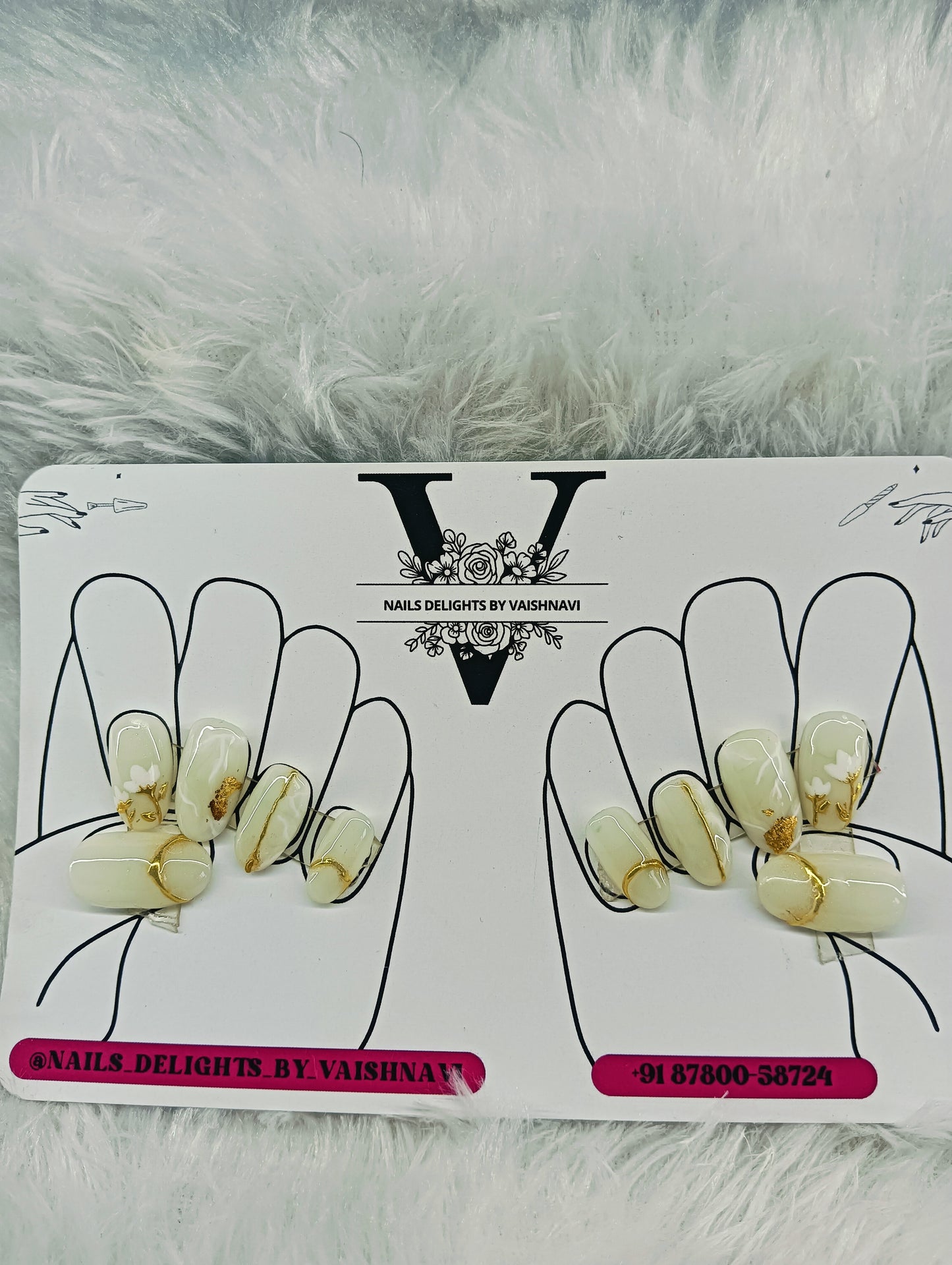 Elegant Ivory & Gold Floral Press-On Nails – Handcrafted Luxury Set