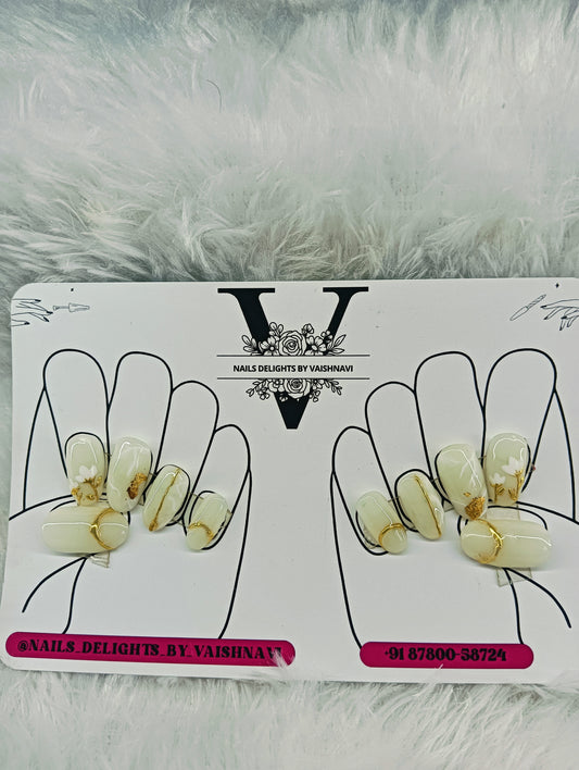 Elegant Ivory & Gold Floral Press-On Nails – Handcrafted Luxury Set